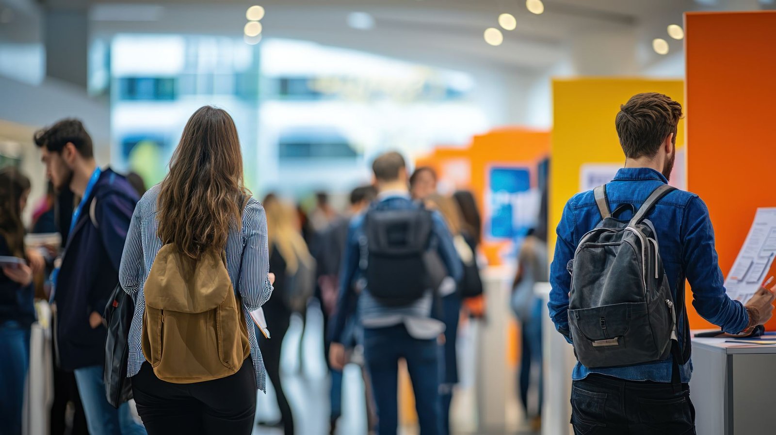 Team members arriving at a busy modern workplace