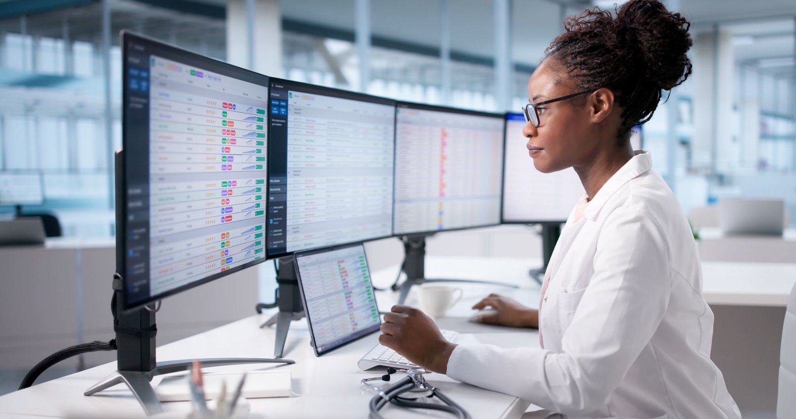 Revenue cycle analyst working claim dashboards across multiple screens